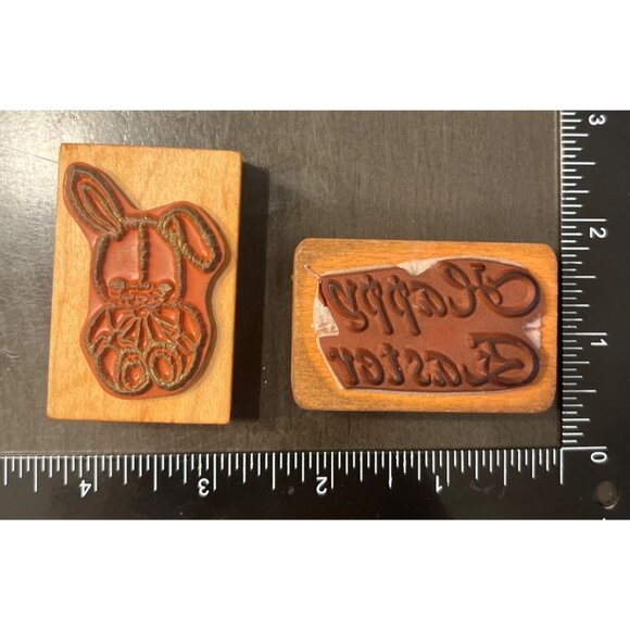 Vintage Comotion Rubber Stamp Set of 2- 253 Cute Bunny & Happy Easter Design - Picture 2 of 5